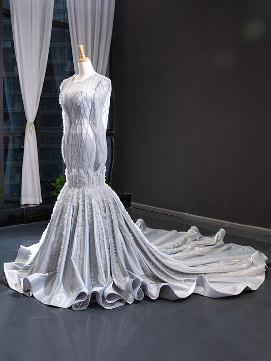 Luxury Model Sliver Grey Mermaid Long Formal Evening Dress Prom Gown 66861