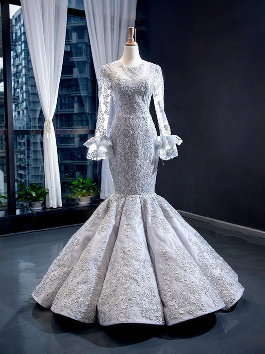 Luxury Model Sliver Grey Mermaid Long Formal Evening Dress Prom Gown 66862