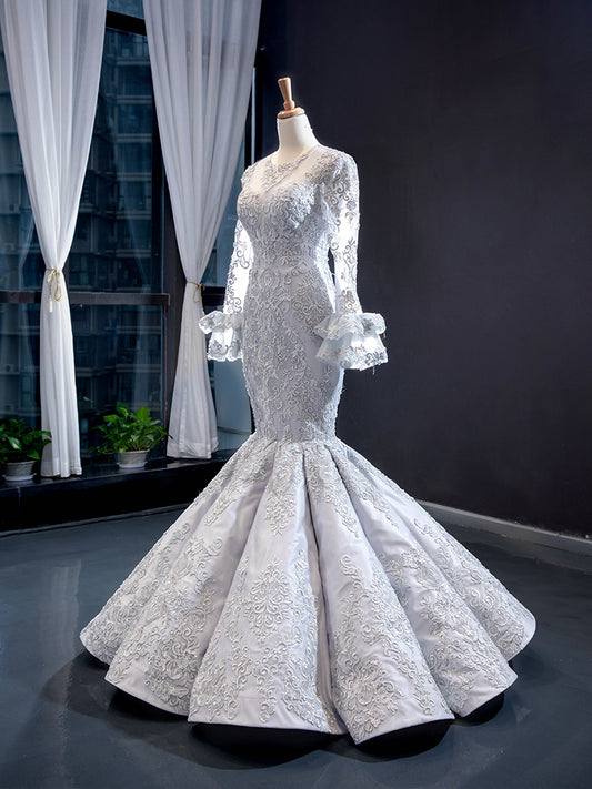 Luxury Model Sliver Grey Mermaid Long Formal Evening Dress Prom Gown 66862