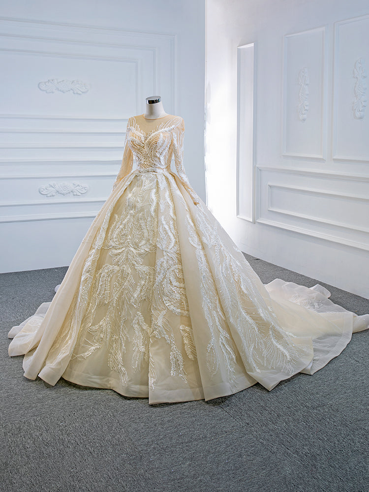 Luxury Model Champange Long Sleeve Ball Gown Wedding Dress 66874