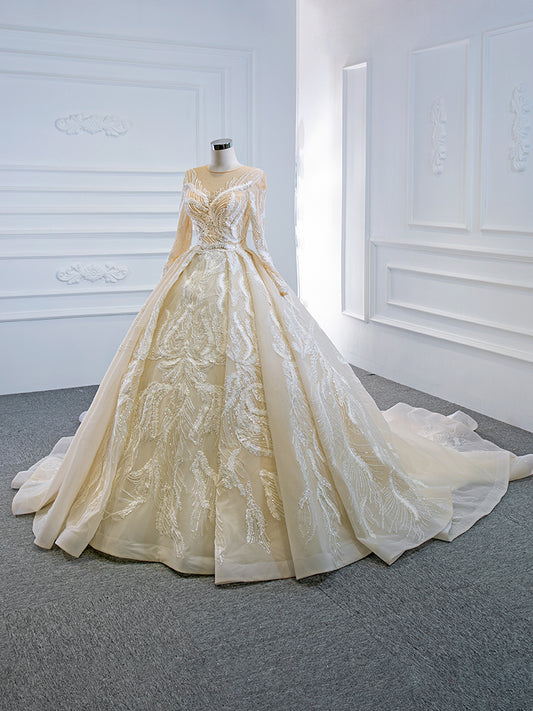 Luxury Model Champange Long Sleeve Ball Gown Wedding Dress 66874