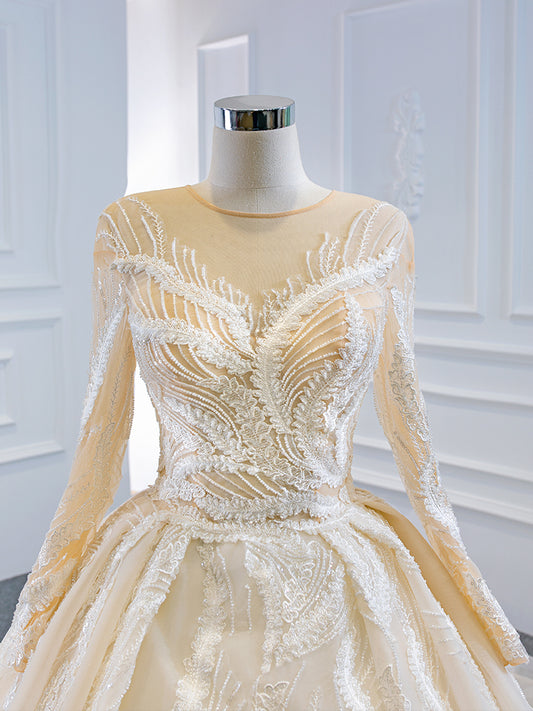 Luxury Model Champange Long Sleeve Ball Gown Wedding Dress 66874