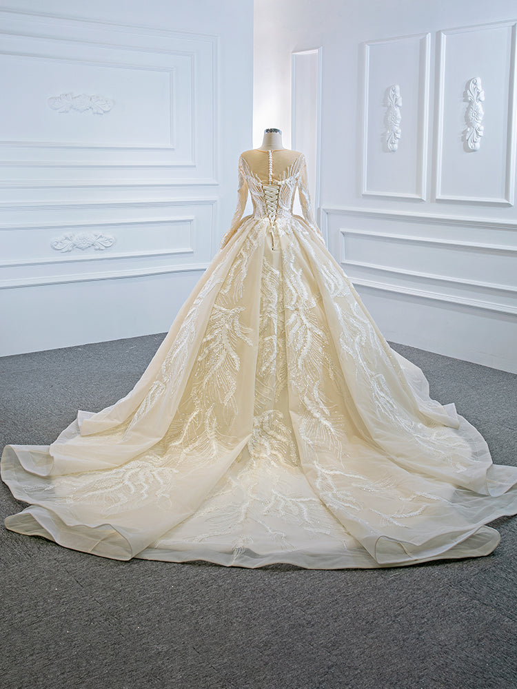 Luxury Model Champange Long Sleeve Ball Gown Wedding Dress 66874