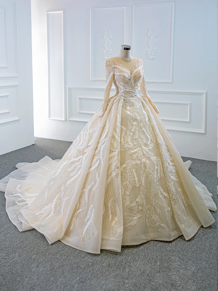 Luxury Model Champange Long Sleeve Ball Gown Wedding Dress 66874