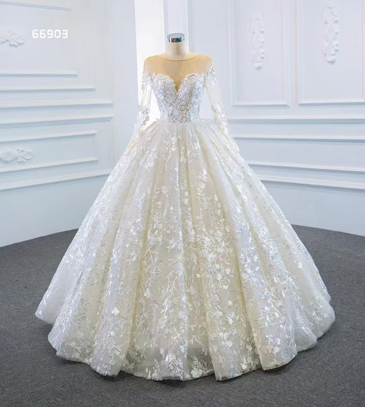 Luxury Model O Neck Ball Gown Wedding Dresses Lace Long Sleeve Backless Bridal Dress 66903