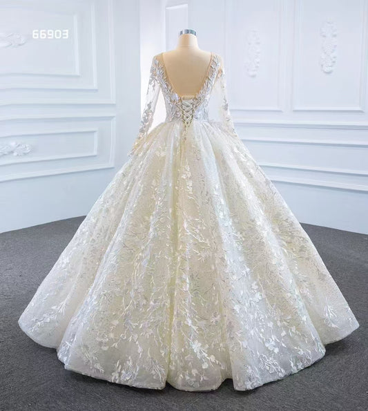 Luxury Model O Neck Ball Gown Wedding Dresses Lace Long Sleeve Backless Bridal Dress 66903