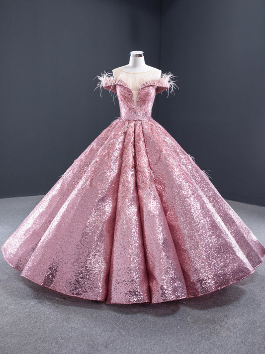 Luxury Model Pink Off The Shoulder Long Ball Gown Quinceanera Dress 66936