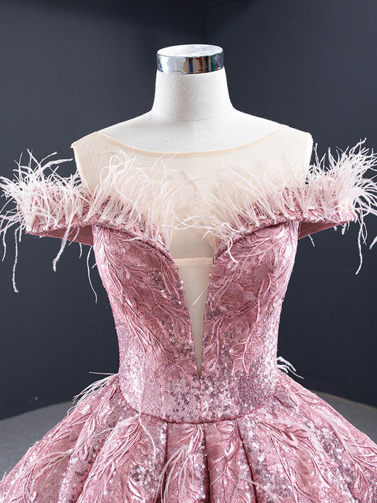 Luxury Model Pink Off The Shoulder Long Ball Gown Quinceanera Dress 66936