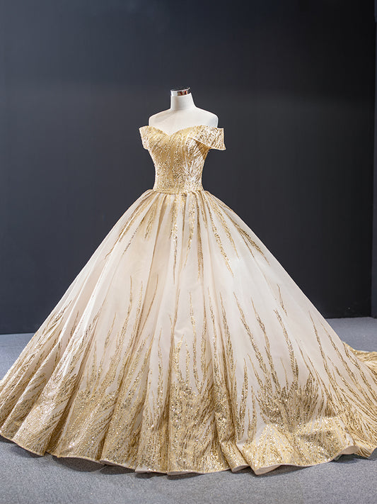 Luxury Model Gold Off The Shoulder Ball Gown Quinceanera Dress 67013