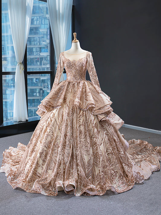 Luxury Model Rose Gold Sequin Scoop Neck Ball Gown Prom Dress 67017