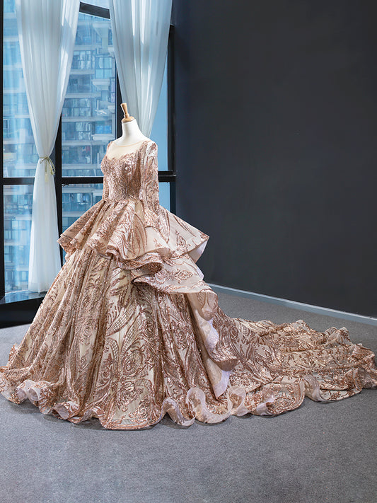 Luxury Model Rose Gold Sequin Scoop Neck Ball Gown Prom Dress 67017