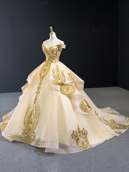 Luxury Model Gold Sequin Ball Gown Prom Dress 67024