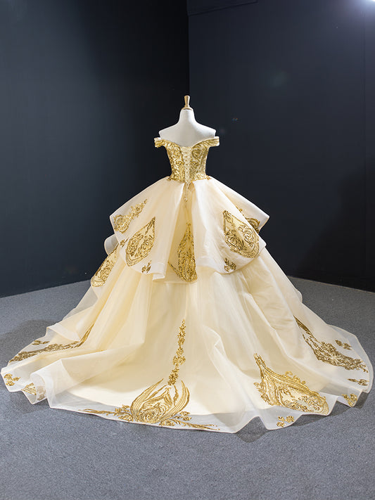 Luxury Model Gold Sequin Ball Gown Prom Dress 67024