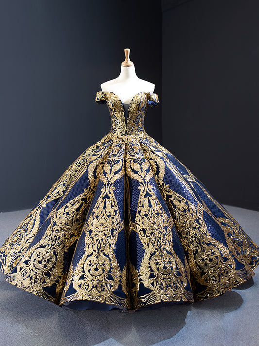 Luxury Model Gold Sequin Ball Gown Prom Dress 67026