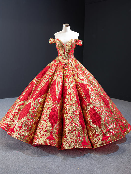 Luxury Model Gold Sequin Ball Gown Prom Dress 67026