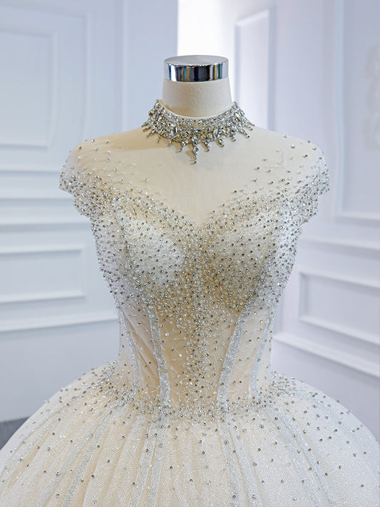 Luxury Model High Neck Sleeveless Long Ball Gown Wedding Dress 67114