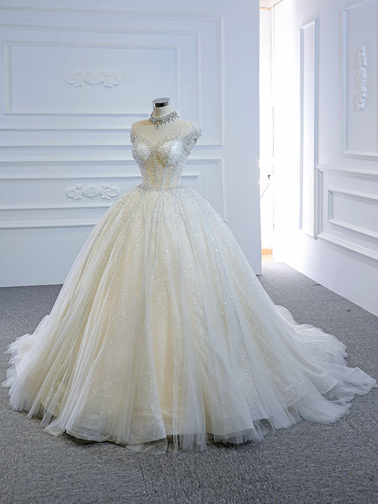 Luxury Model High Neck Sleeveless Long Ball Gown Wedding Dress 67114