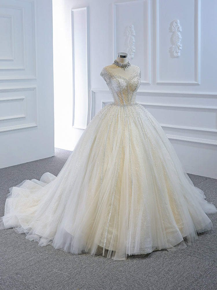 Luxury Model High Neck Sleeveless Long Ball Gown Wedding Dress 67114