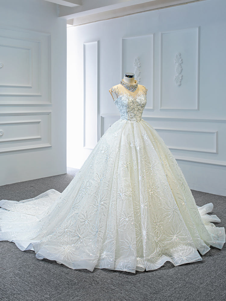 Luxury Model High Neck Sleeveless Long Ball Gown Wedding Dress 67118