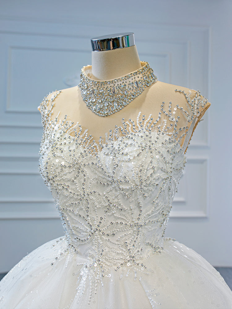Luxury Model High Neck Sleeveless Long Ball Gown Wedding Dress 67118