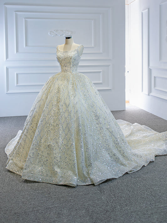 Luxury Model Scoop Neck Sleeveless Long Ball Gown Wedding Dress 67122