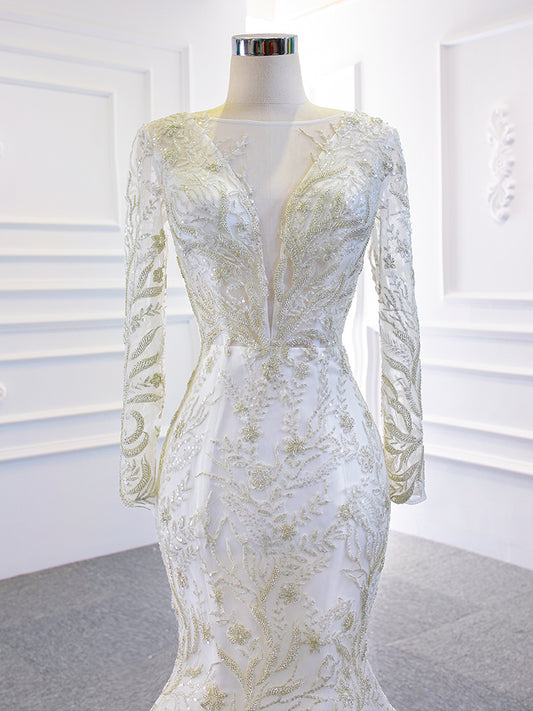 Luxury Model Scoop Neck Long Sleeve Mermiad Dethable Train Wedding Dress 67156