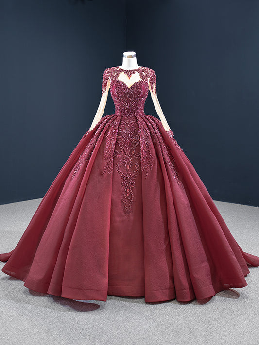 Luxury Model Burgundy Long Sleeve Beaded Ball Gown Prom Dress 67160