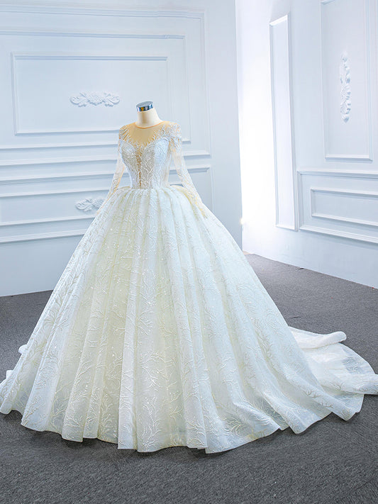 Luxury Model O Neck Ball Gown Long Sleeve Wedding Dress 67168