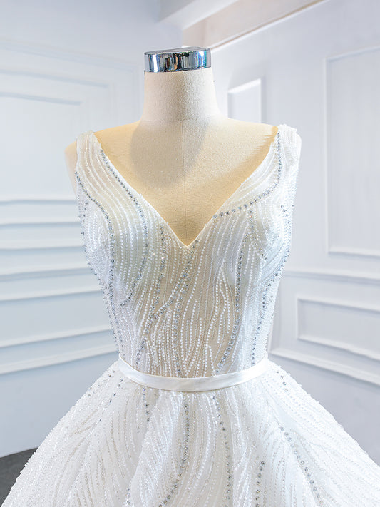 Luxury Model V Neck Sleeveless A Line Long Wedding Dress 67178
