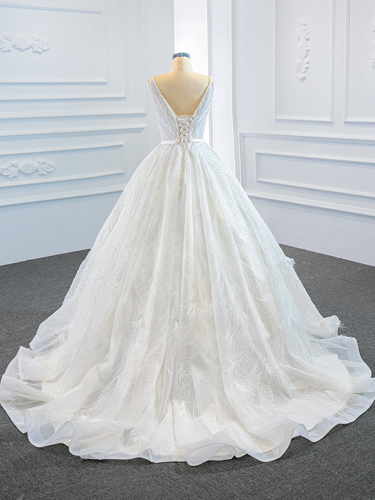 Luxury Model V Neck Sleeveless A Line Long Wedding Dress 67178