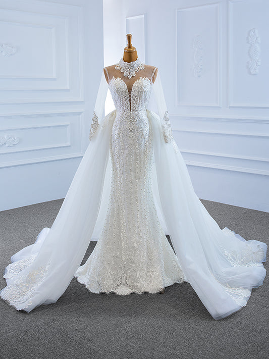 Luxury Model High Neck Long Sleeve Mermaid Long Wedding Dress 67180
