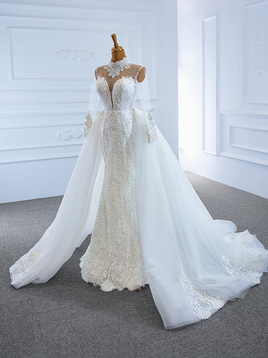 Luxury Model High Neck Long Sleeve Mermaid Long Wedding Dress 67180