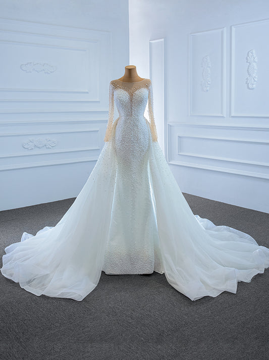 Luxury Model O Neck Long Sleeve Mermaid Long Wedding Dress 67182