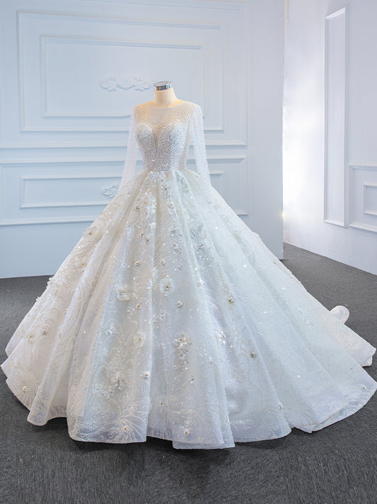 Luxury Model O Neck Long Sleeve Flower Wedding Dress 67183