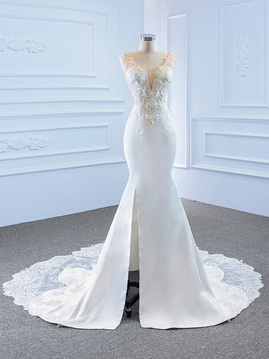 Luxury Model V Neck Long Mermaid Wedding Dress 67184