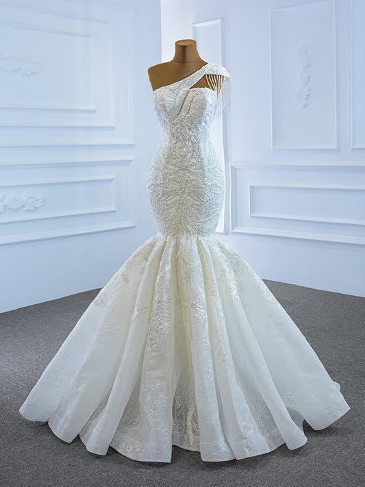 Luxury Model One Shoulder Tassels Long Mermaid Wedding Dress 67187