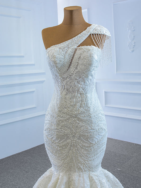 Luxury Model One Shoulder Tassels Long Mermaid Wedding Dress 67187