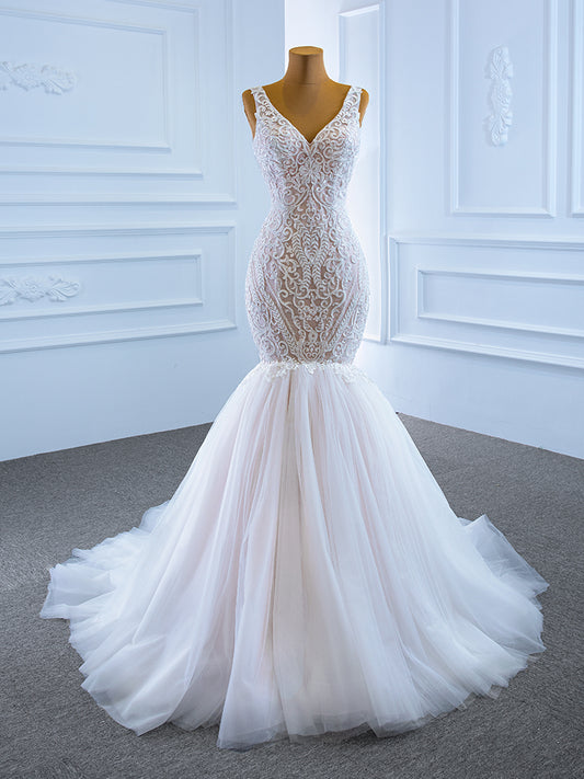 Luxury Model V Neck Sleeveless Long Mermaid Wedding Dress 67191