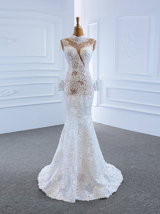 Luxury Model High Neck Long Sleeve Mermaid Wedding Dress 67195