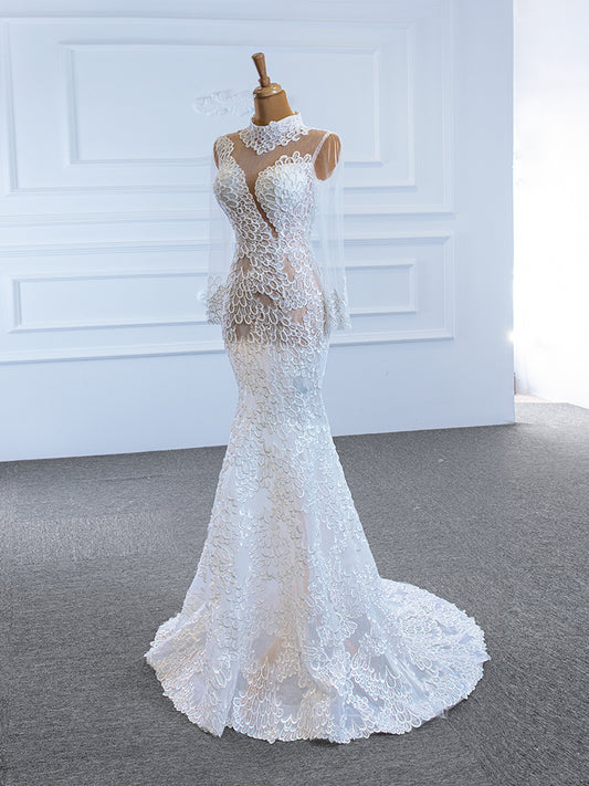 Luxury Model High Neck Long Sleeve Mermaid Wedding Dress 67195