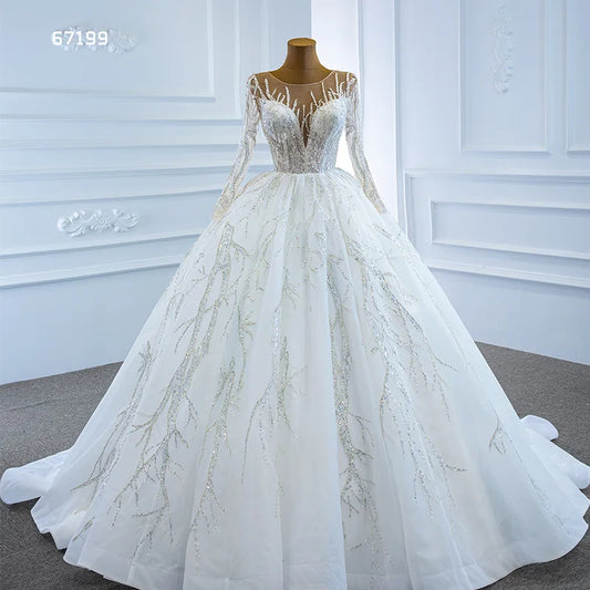 Luxury Model Ball Gown Long Sleeve Wedding Dresses beading Lace Up Bridal Dress 67199