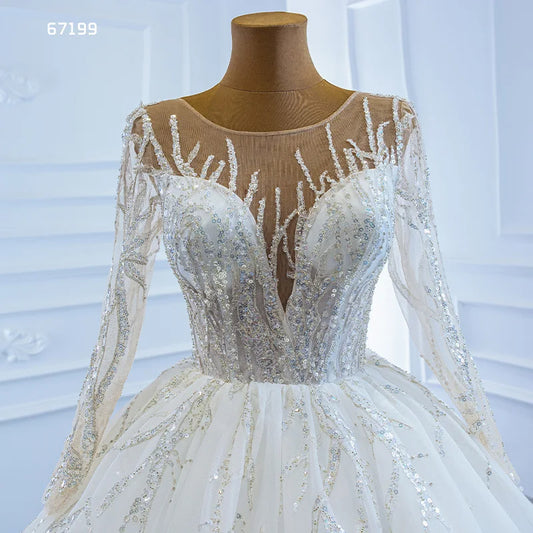 Luxury Model Ball Gown Long Sleeve Wedding Dresses beading Lace Up Bridal Dress 67199