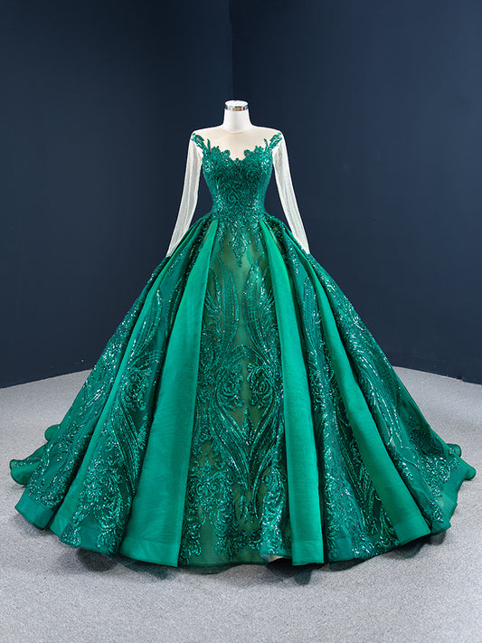 Luxury Model Dark Green Long Sleeve Sequin Ball Gown Prom Dress 67201
