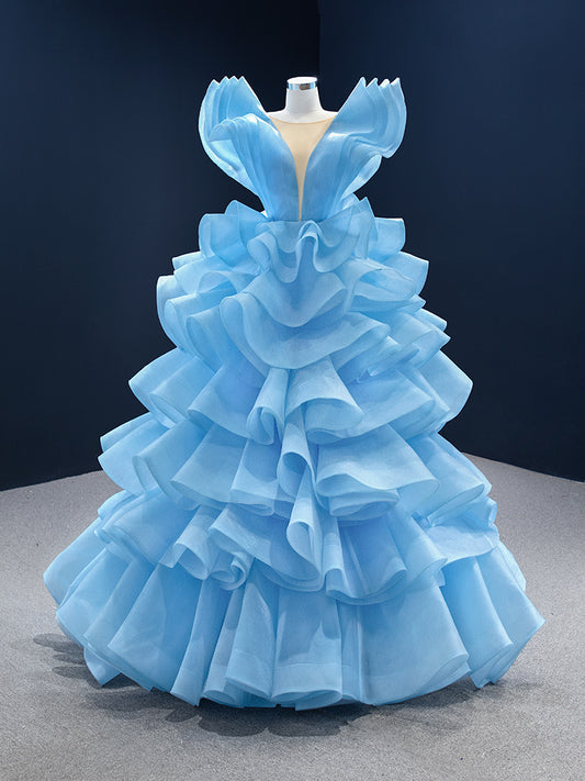Luxury Model Light Sky Blue A Line Sleeveless Tiered Formal Prom Dress 67202