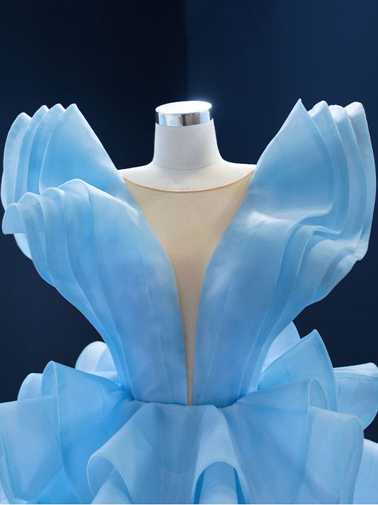 Luxury Model Light Sky Blue A Line Sleeveless Tiered Formal Prom Dress 67202