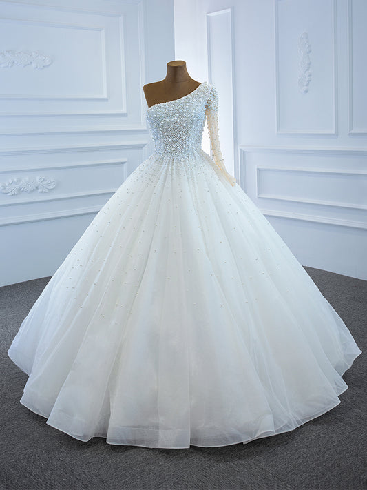 Luxury Model High One Shoulder Long Sleeve A Line Wedding Dress 67205