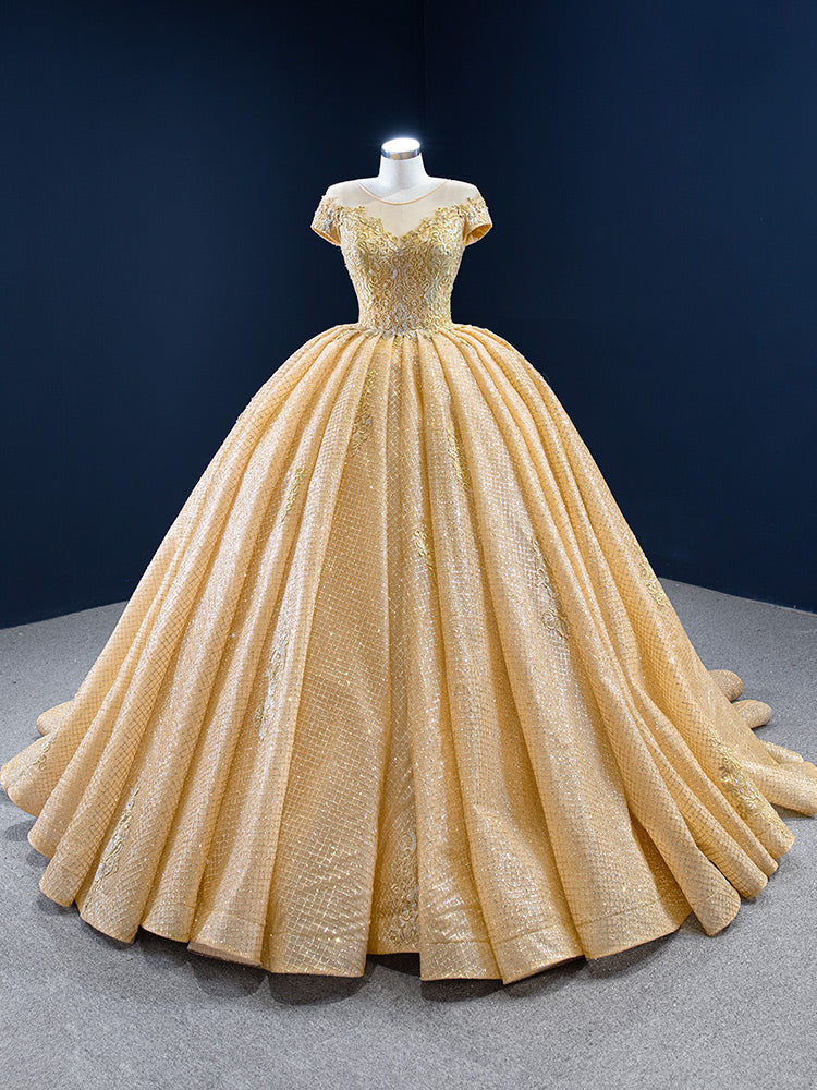 Luxury Model Gold Scoop Neck Applique Ball Gown Quinceanera Dress 67217