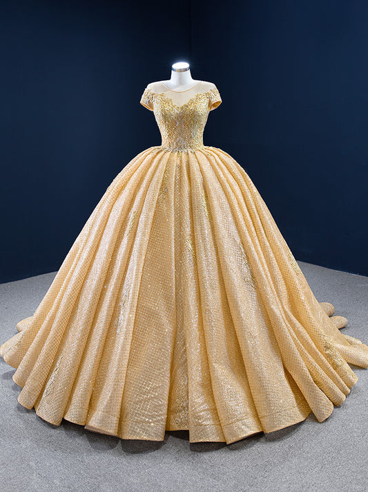 Luxury Model Gold Scoop Neck Applique Ball Gown Quinceanera Dress 67217