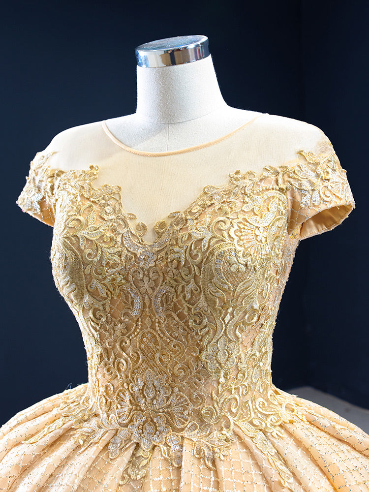 Luxury Model Gold Scoop Neck Applique Ball Gown Quinceanera Dress 67217