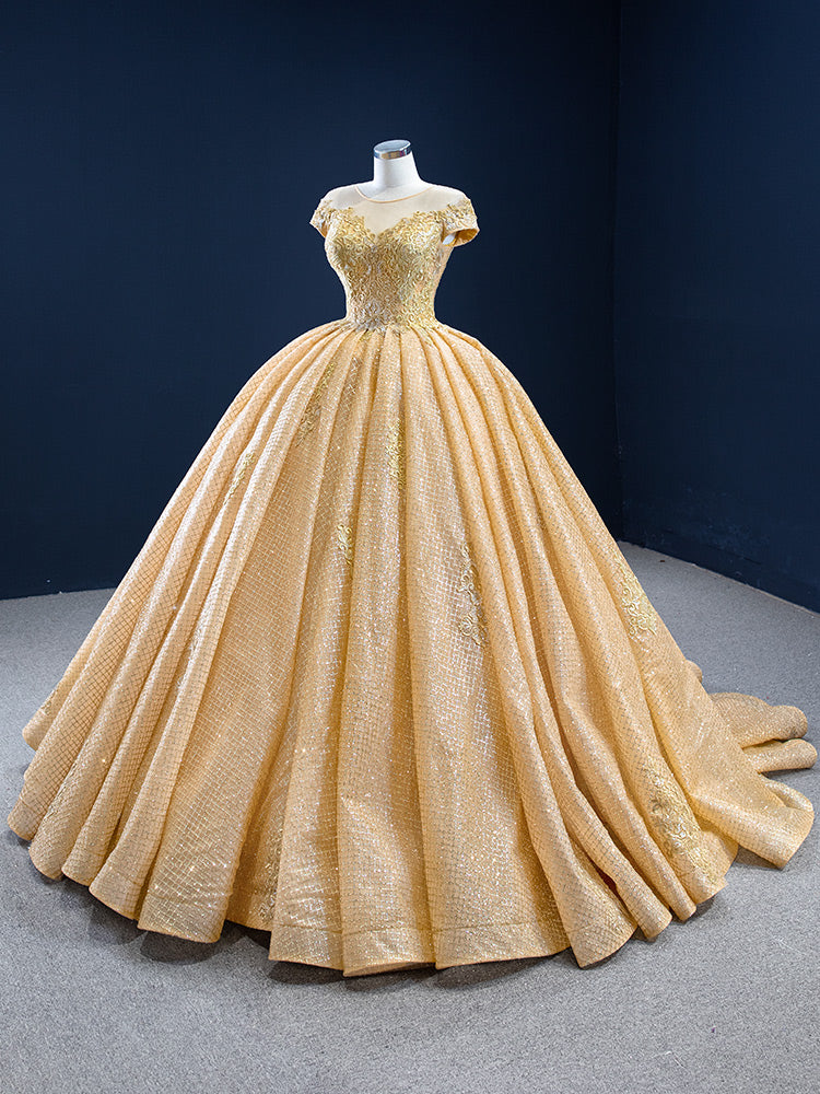 Luxury Model Gold Scoop Neck Applique Ball Gown Quinceanera Dress 67217